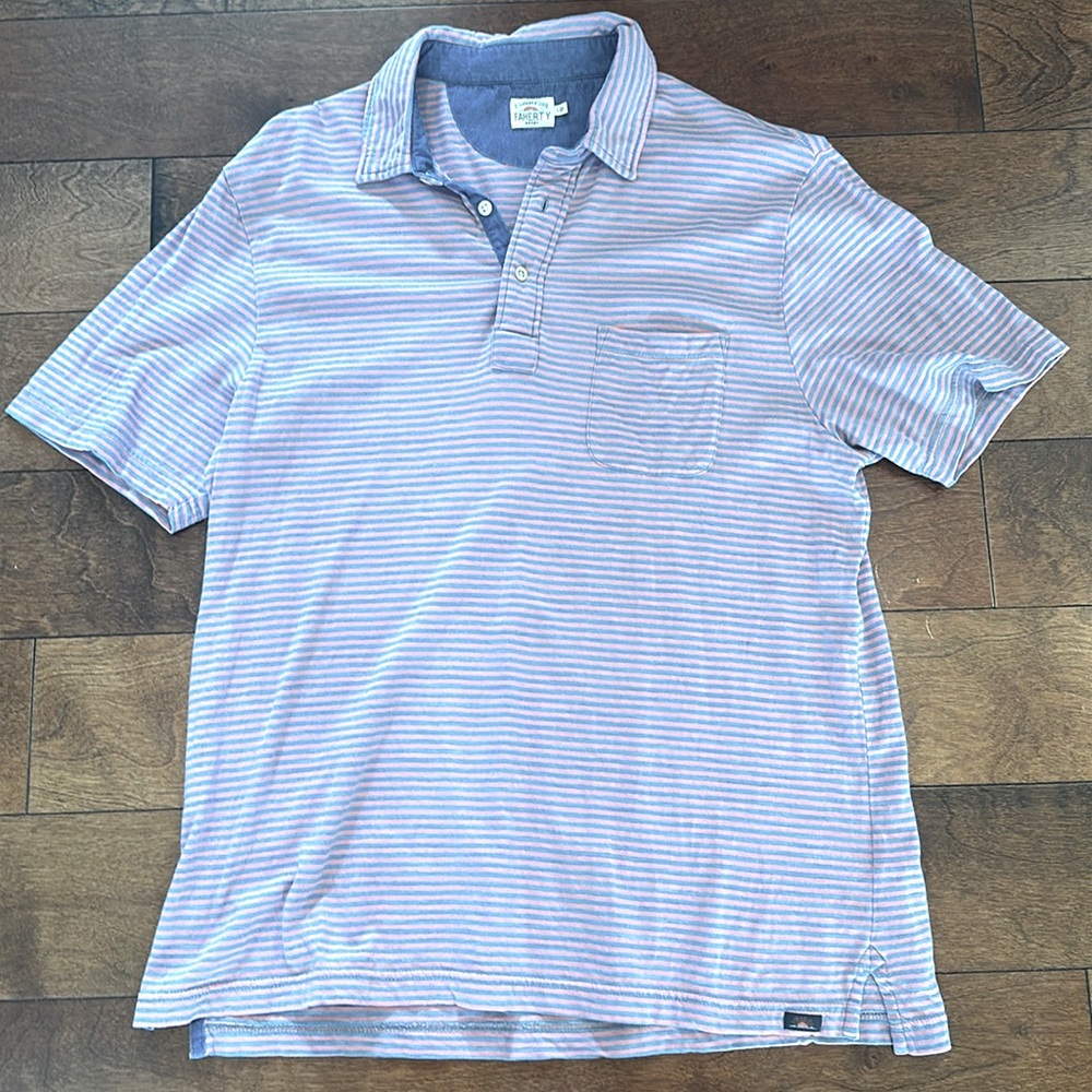 Faherty Men’s Polo. Men’s large. Reddish Pink/ blue striped.